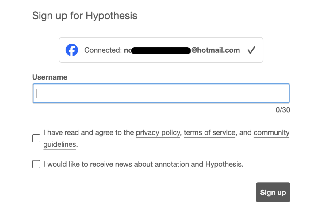 signup page showing a Facebook account connected to Hypothesis